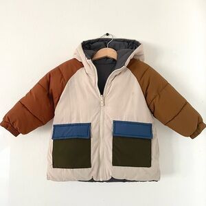 Zara boys 12-18 month reversible color block zip front coat in neutral/grey.